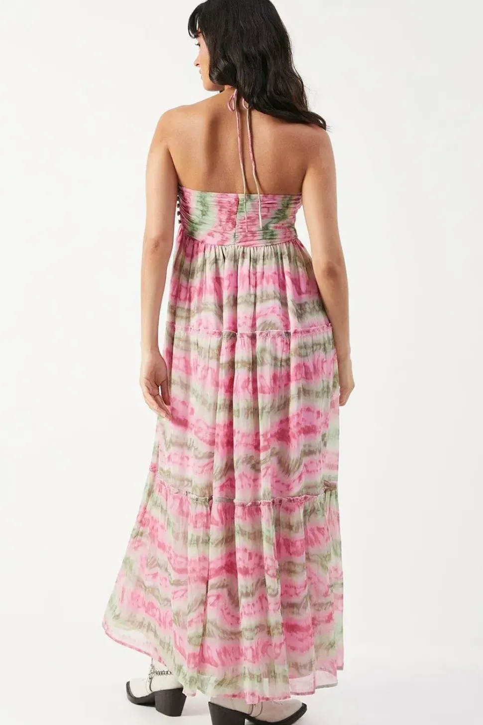 Chiffon Tie Dye Halter Ruched Bust Trim Midaxi Dress