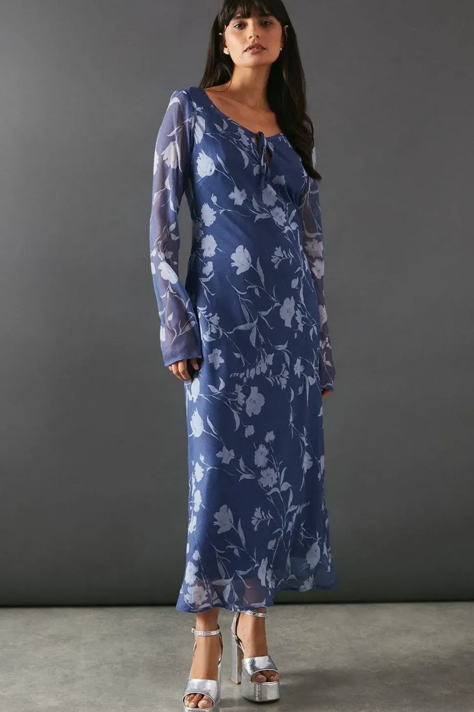 Chiffon Tie Keyhole Front Bias Midi Dress