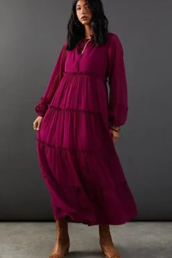 Chiffon Tie Neck Tier Midi Smock Dress