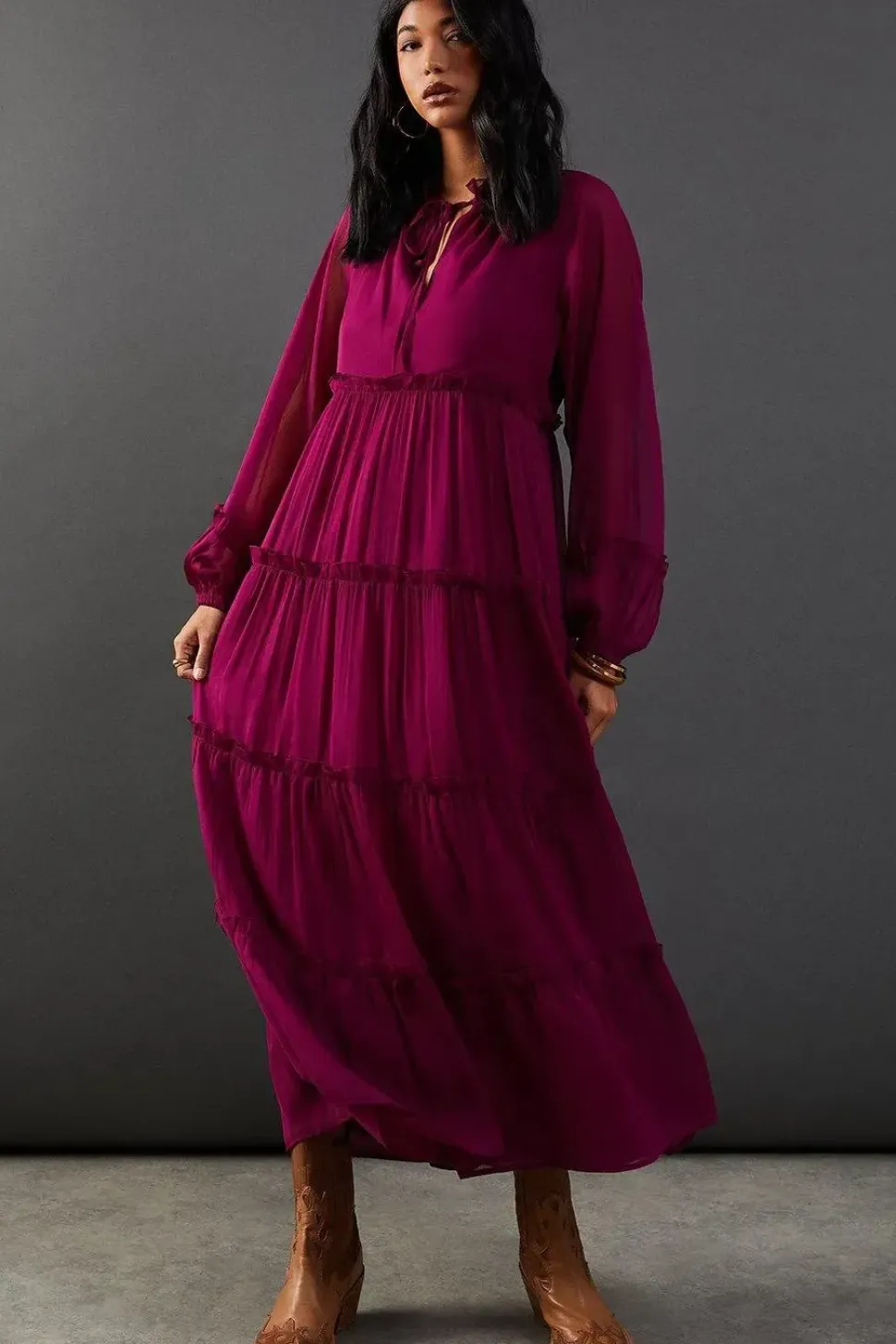 Chiffon Tie Neck Tier Midi Smock Dress