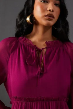 Chiffon Tie Neck Tier Midi Smock Dress
