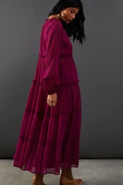 Chiffon Tie Neck Tier Midi Smock Dress