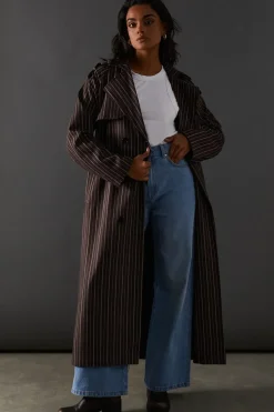 Chocolate Pinstripe Belted Trench Coat
