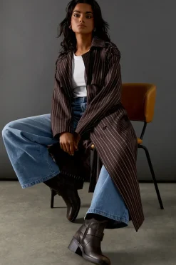 Chocolate Pinstripe Belted Trench Coat