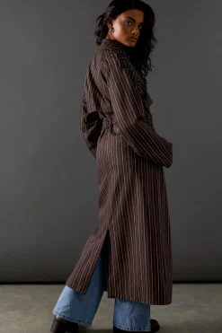 Chocolate Pinstripe Belted Trench Coat