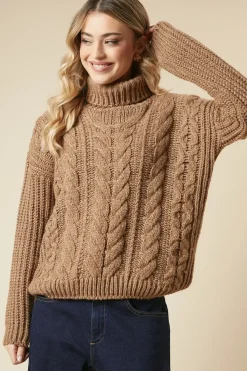 Chunky Cable Knit Roll Neck High Low Hem Jumper