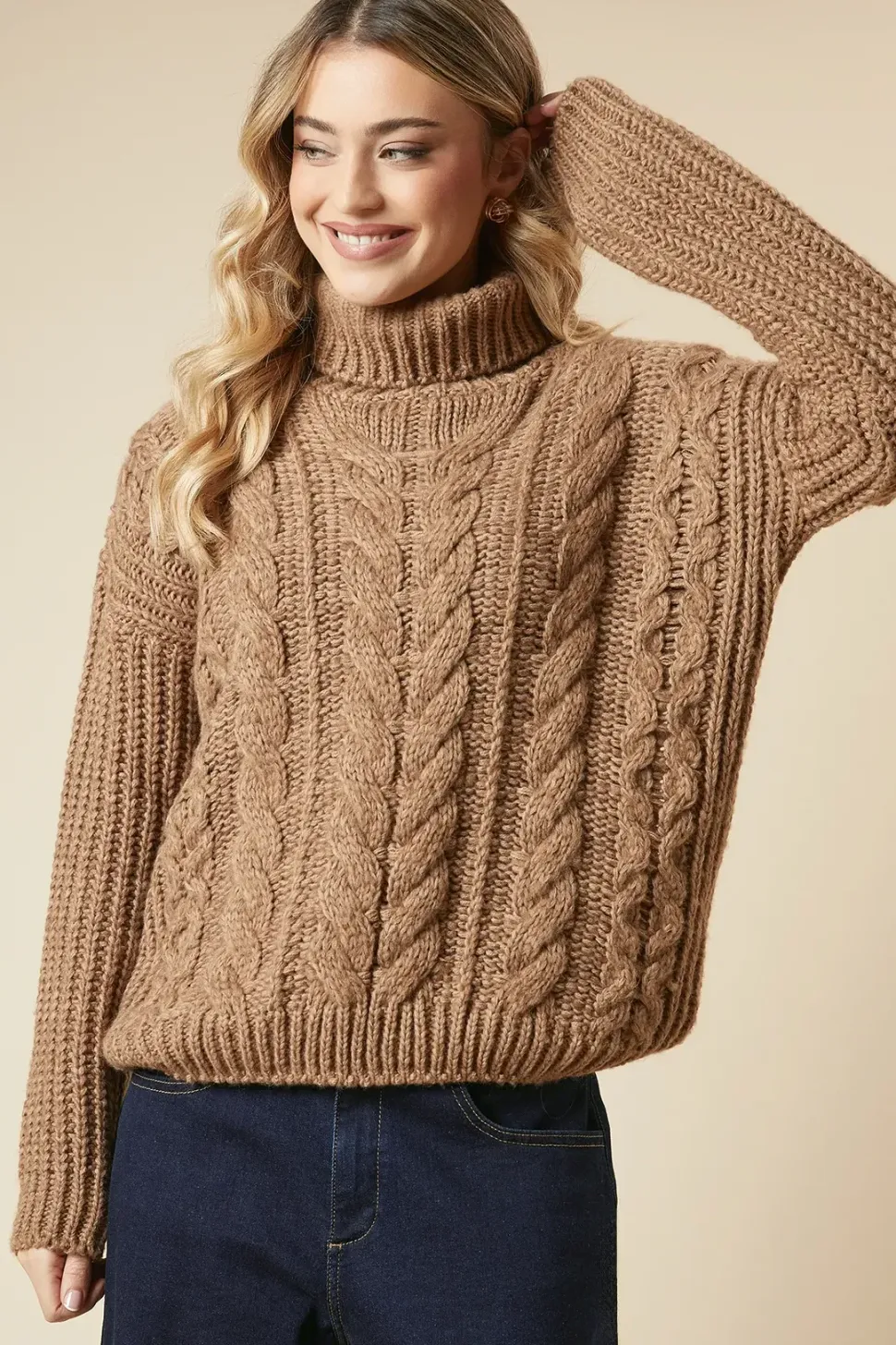 Chunky Cable Knit Roll Neck High Low Hem Jumper