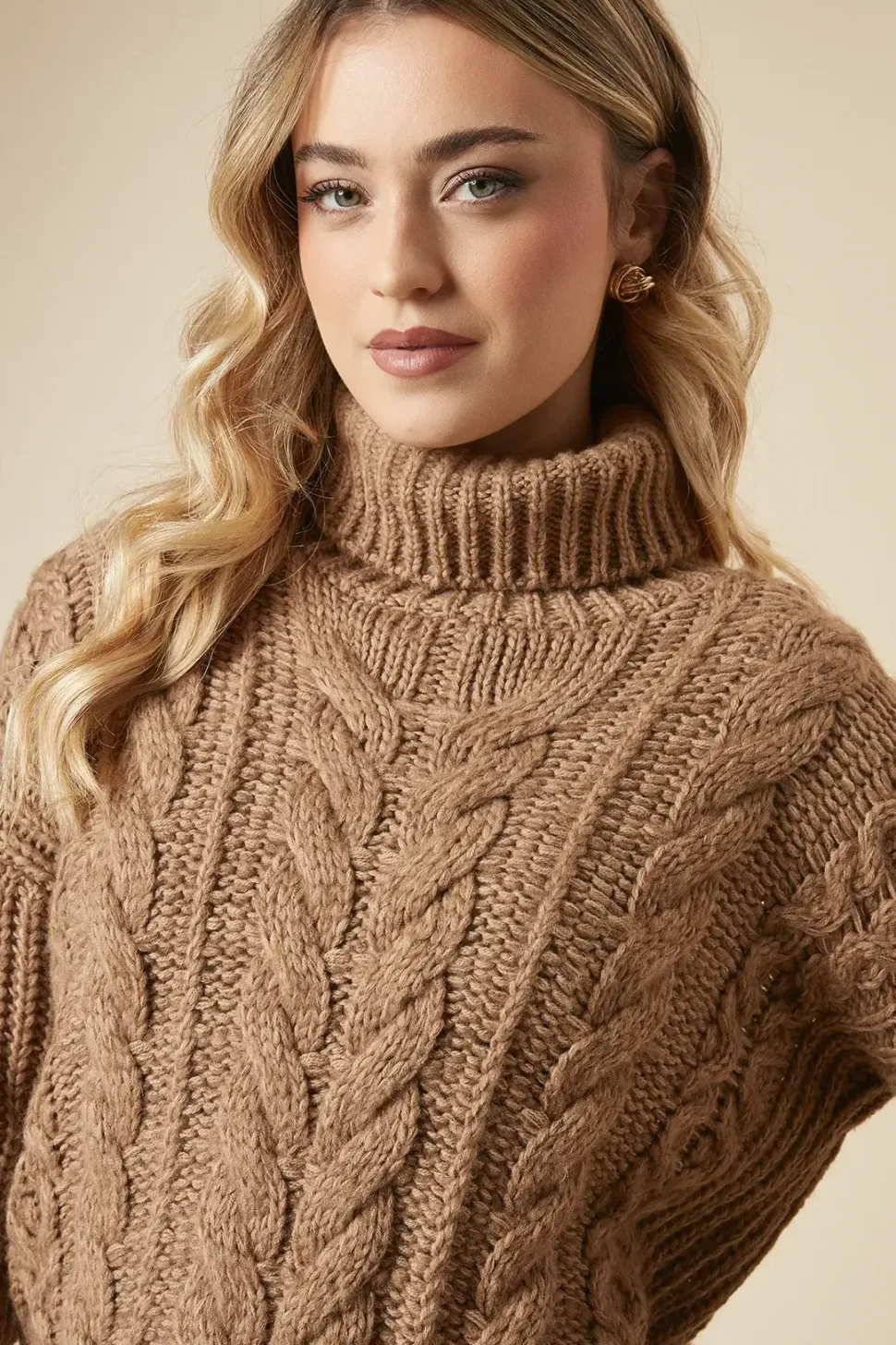 Chunky Cable Knit Roll Neck High Low Hem Jumper