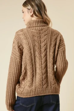 Chunky Cable Knit Roll Neck High Low Hem Jumper