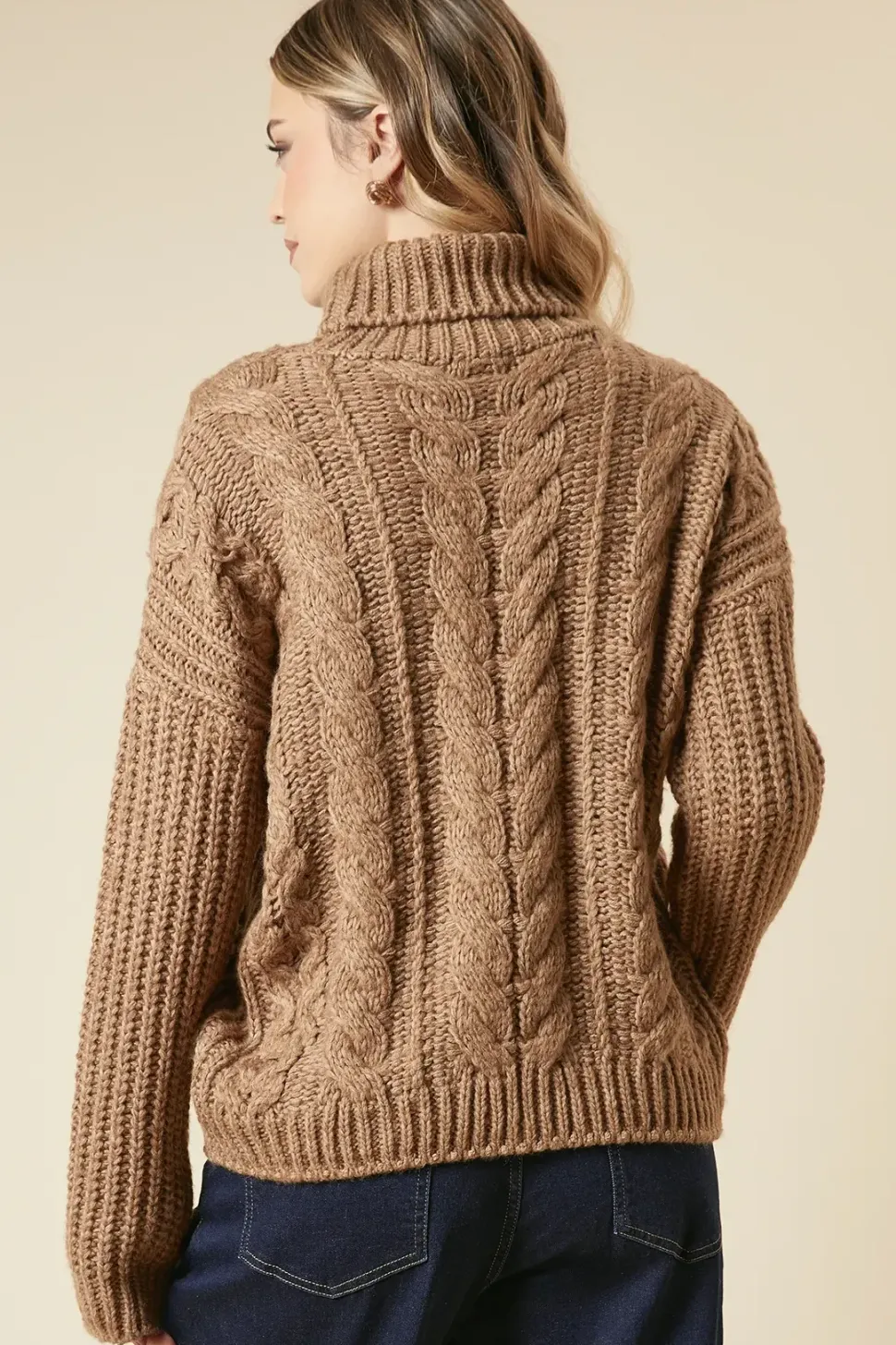 Chunky Cable Knit Roll Neck High Low Hem Jumper
