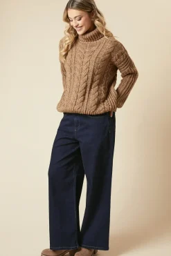 Chunky Cable Knit Roll Neck High Low Hem Jumper