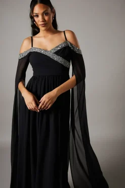 Cold Shoulder Chiffon Drape Sleeve Maxi DressWith Embellished Waistband