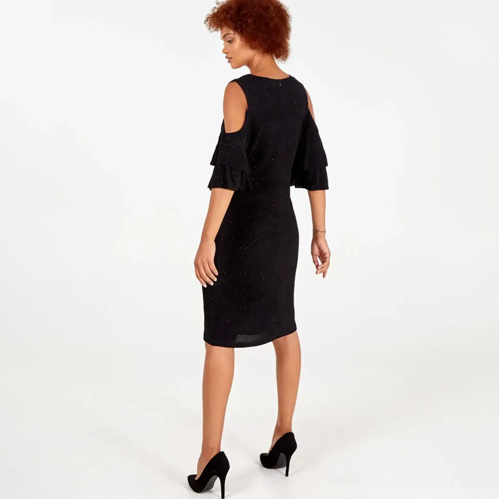 Cold Shoulder Ruffle Sparkle Midi Dress