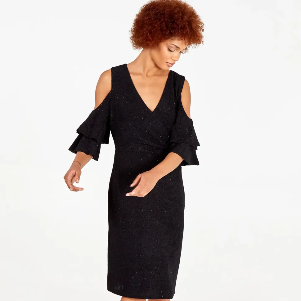 Cold Shoulder Ruffle Sparkle Midi Dress