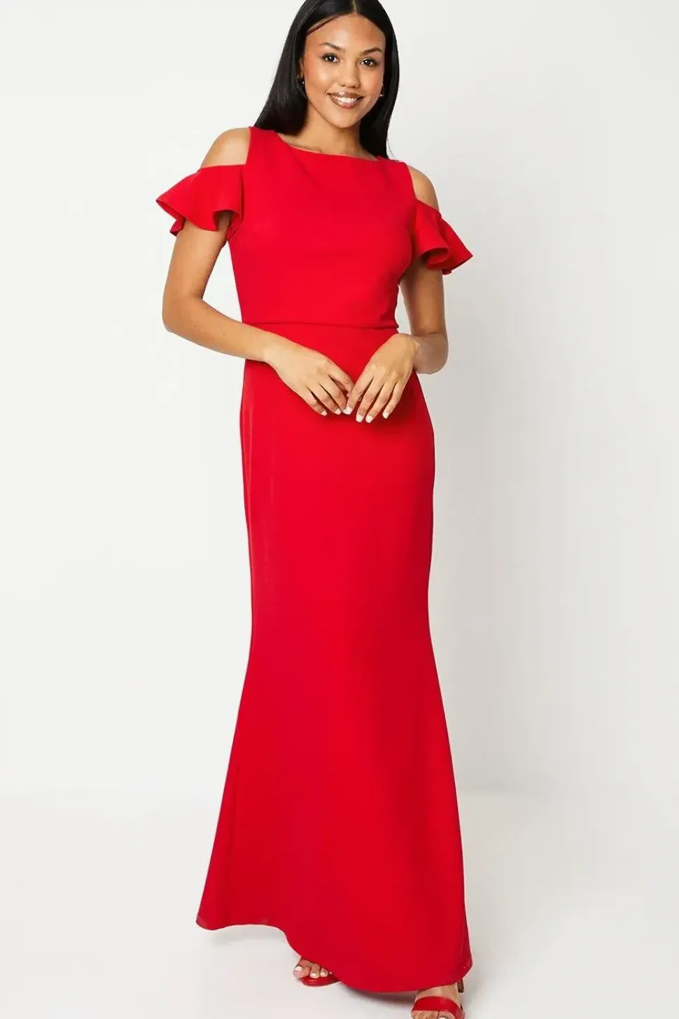 Cold Shoulder Stretch Crepe Fishtail Maxi Dress