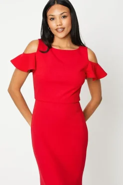 Cold Shoulder Stretch Crepe Fishtail Maxi Dress