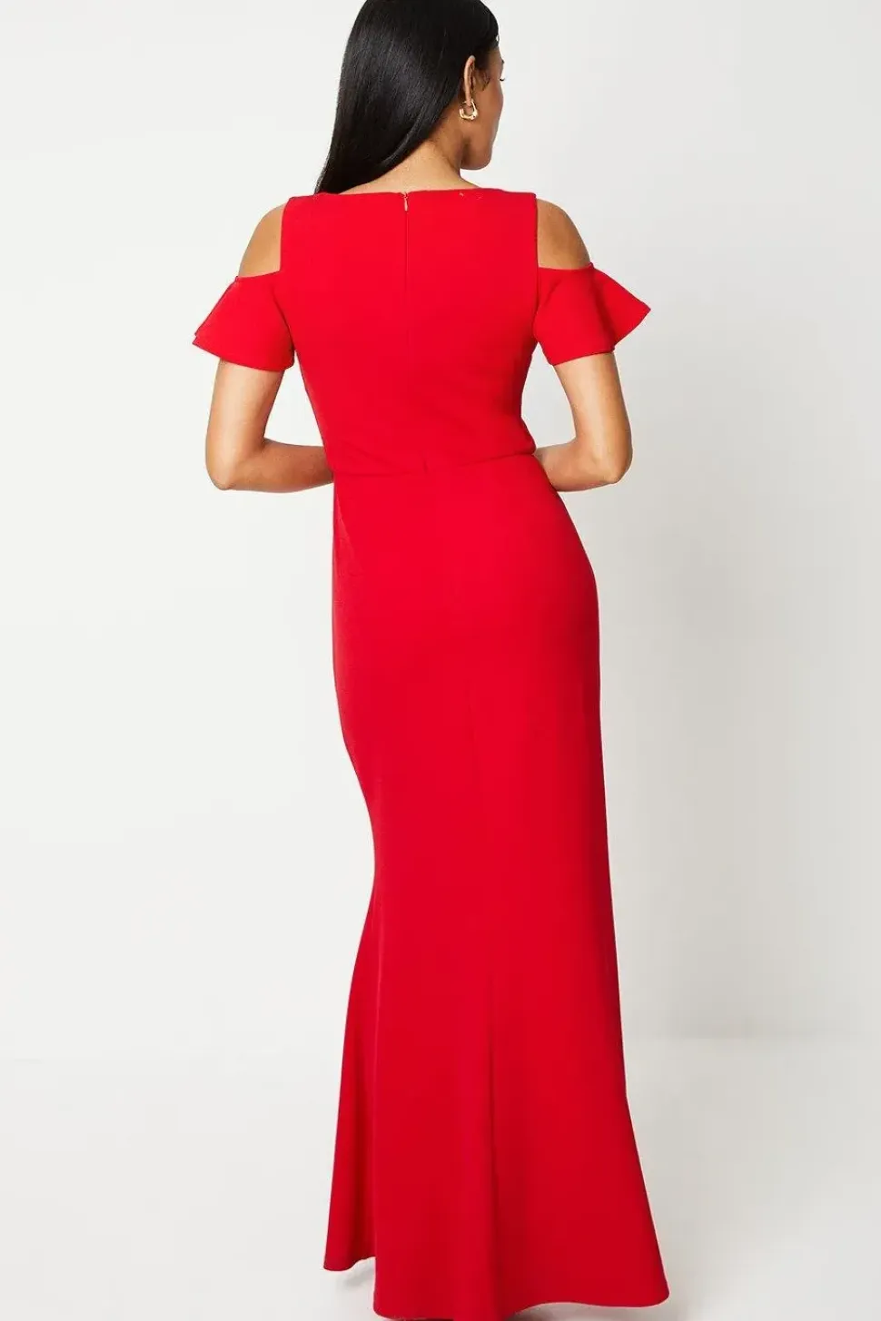 Cold Shoulder Stretch Crepe Fishtail Maxi Dress