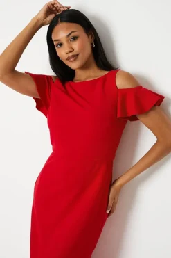 Cold Shoulder Stretch Crepe Fishtail Maxi Dress