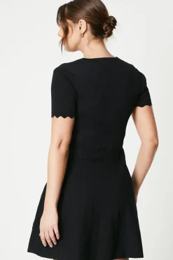 Collar Detail V Neck Pointelle Fit & Flare Dress