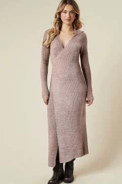 Collared Wrap Detail Knitted Midi Dress