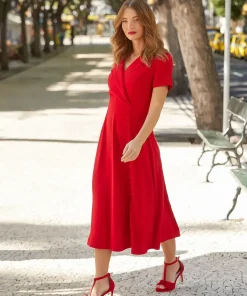 Collared Wrap Front Vintage Midi Dress