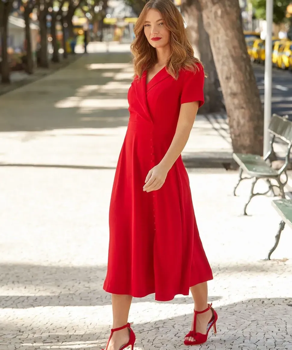 Collared Wrap Front Vintage Midi Dress