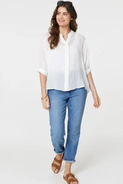 Collarless Button Back 3/4 Sleeve Blouse