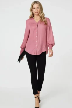 Collarless Button Up Long Sleeve Shirt