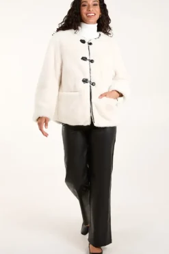 Collarless Toggle Detail Fur Jacket
