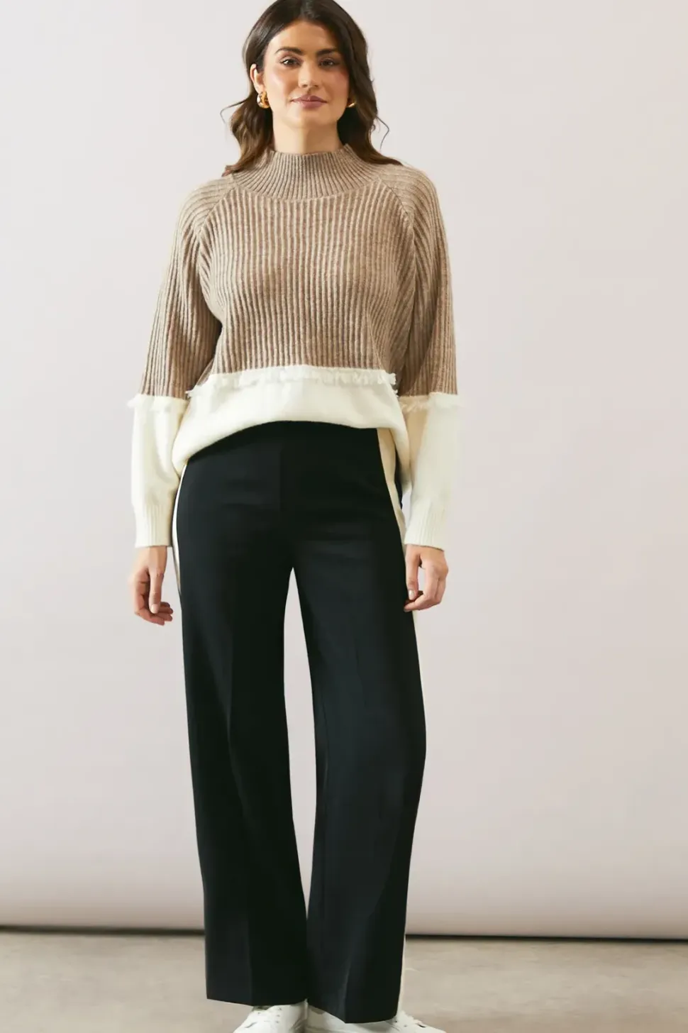 Colour Block Fringe Detail High Neck Jumper