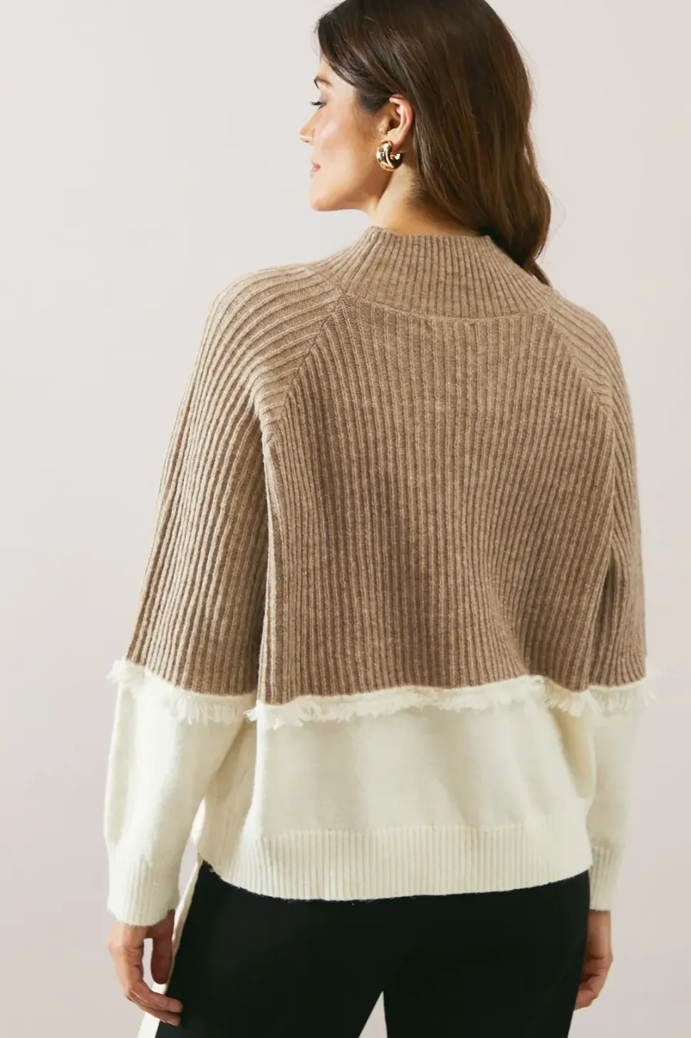 Colour Block Fringe Detail High Neck Jumper