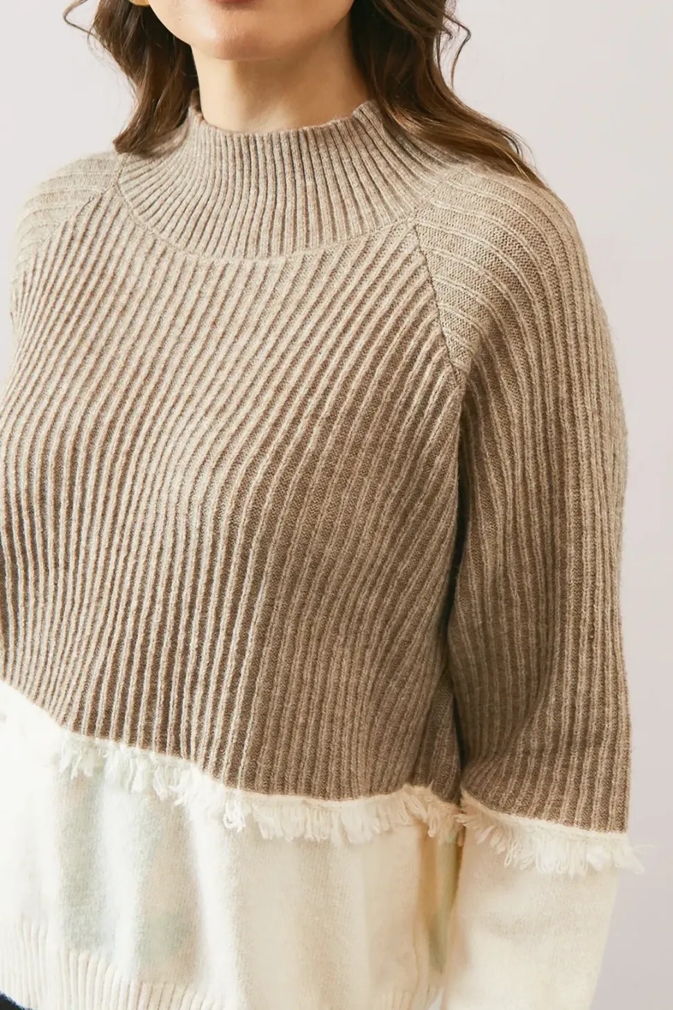 Colour Block Fringe Detail High Neck Jumper