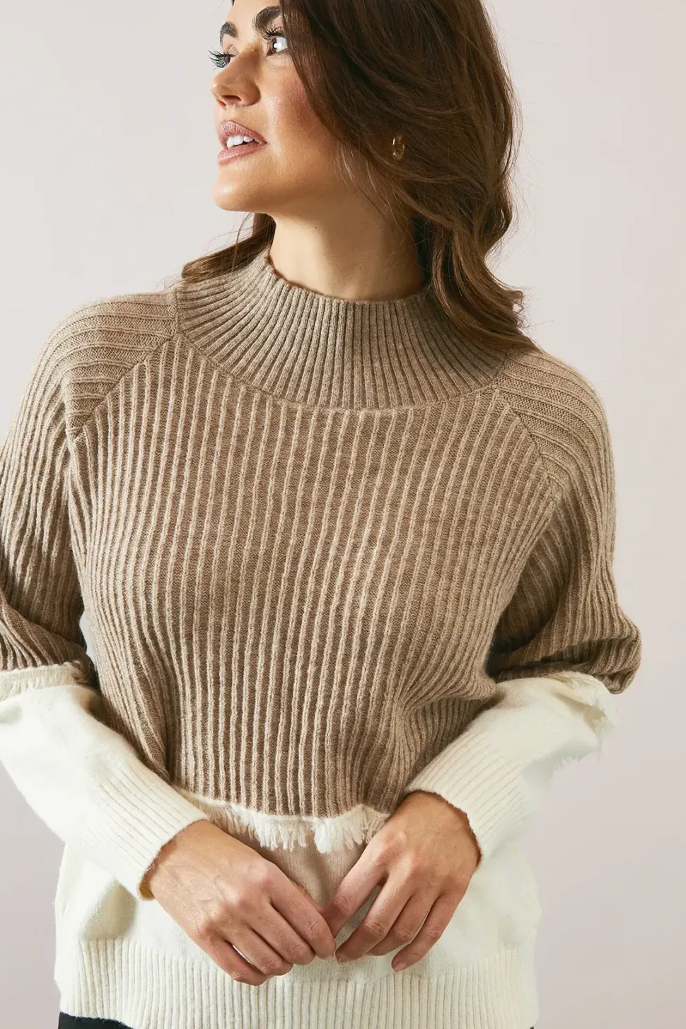 Colour Block Fringe Detail High Neck Jumper