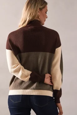 Colour Block High Neck Ribbed Jumper