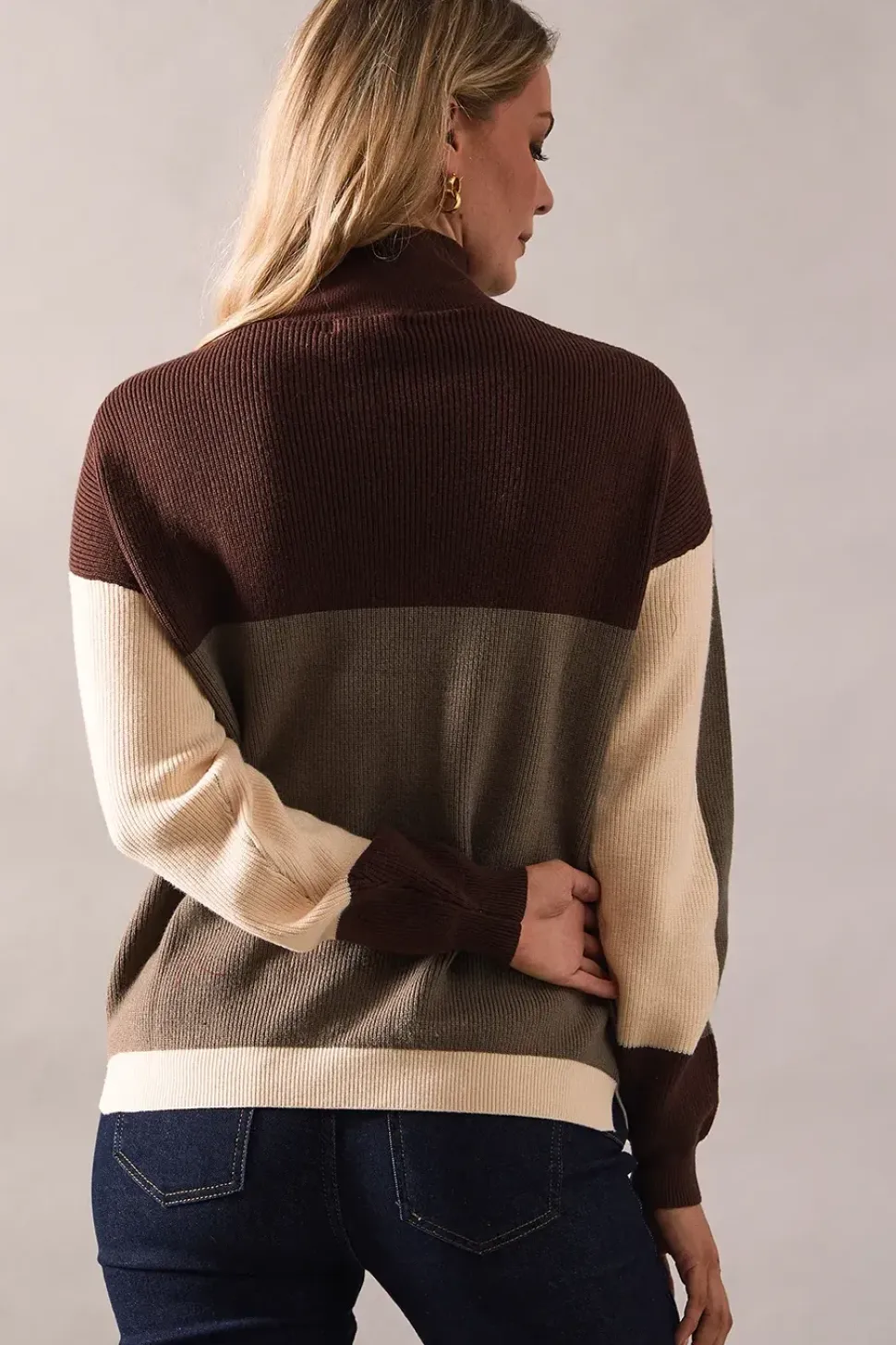 Colour Block High Neck Ribbed Jumper