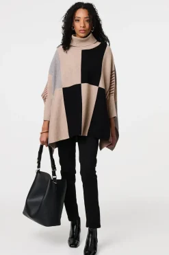 Colour Block Roll Neck Knitted Poncho