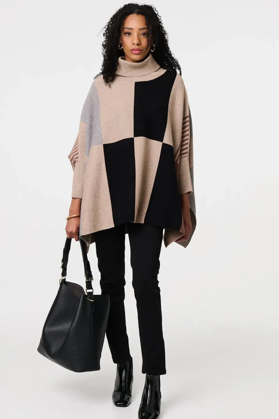 Colour Block Roll Neck Knitted Poncho