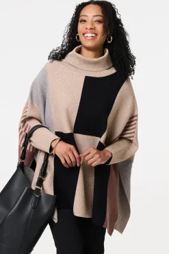 Colour Block Roll Neck Knitted Poncho