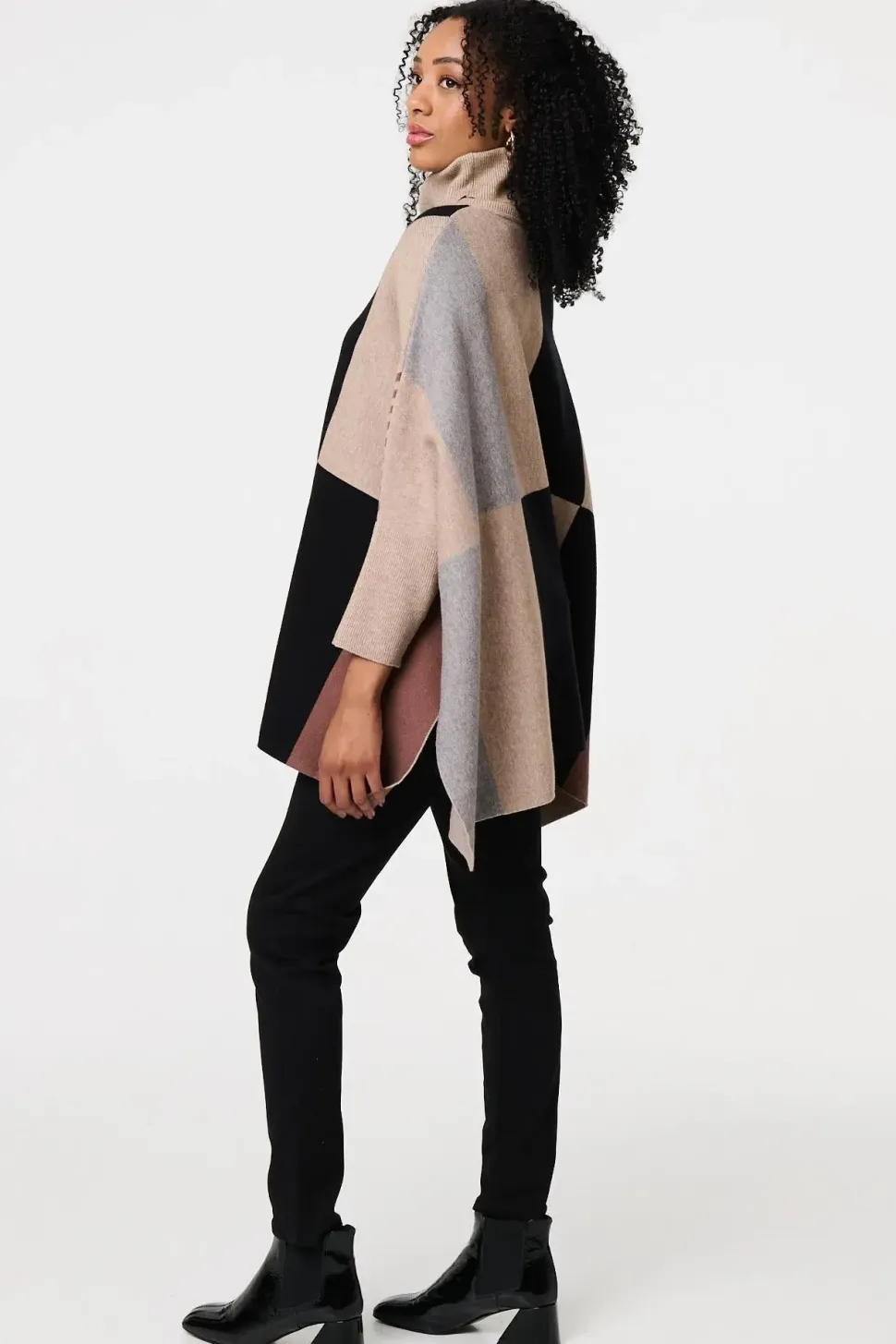 Colour Block Roll Neck Knitted Poncho