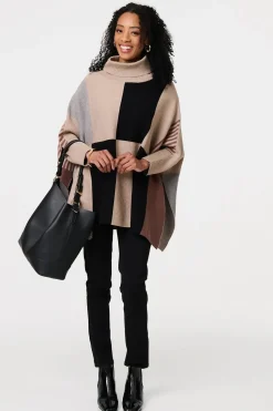 Colour Block Roll Neck Knitted Poncho
