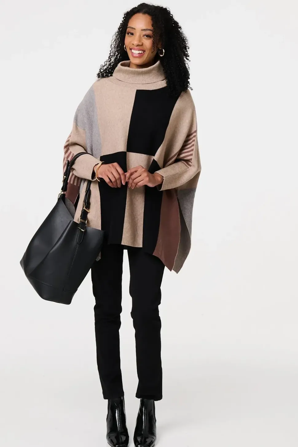 Colour Block Roll Neck Knitted Poncho