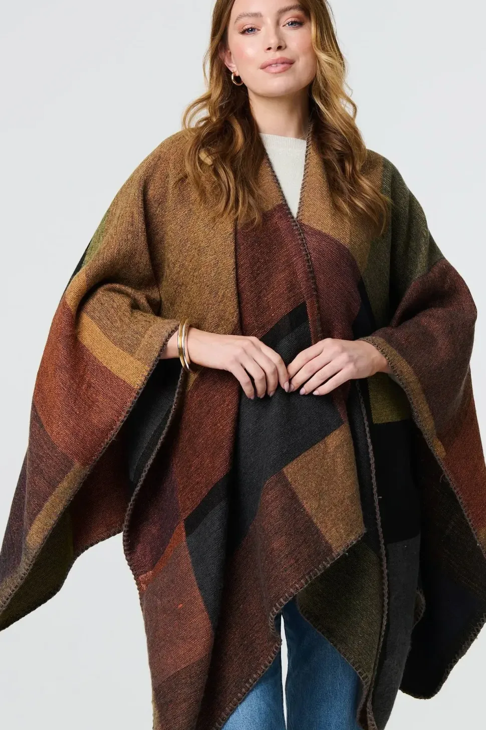 Colour Block 3/4 Sleeve Relaxed Poncho