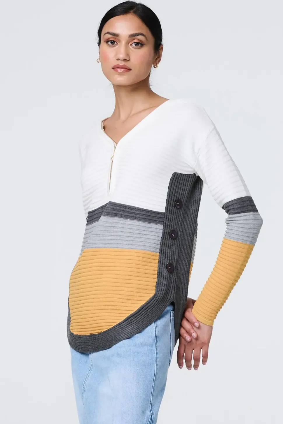 Colour Block Zip Detail V-Neck Jumper