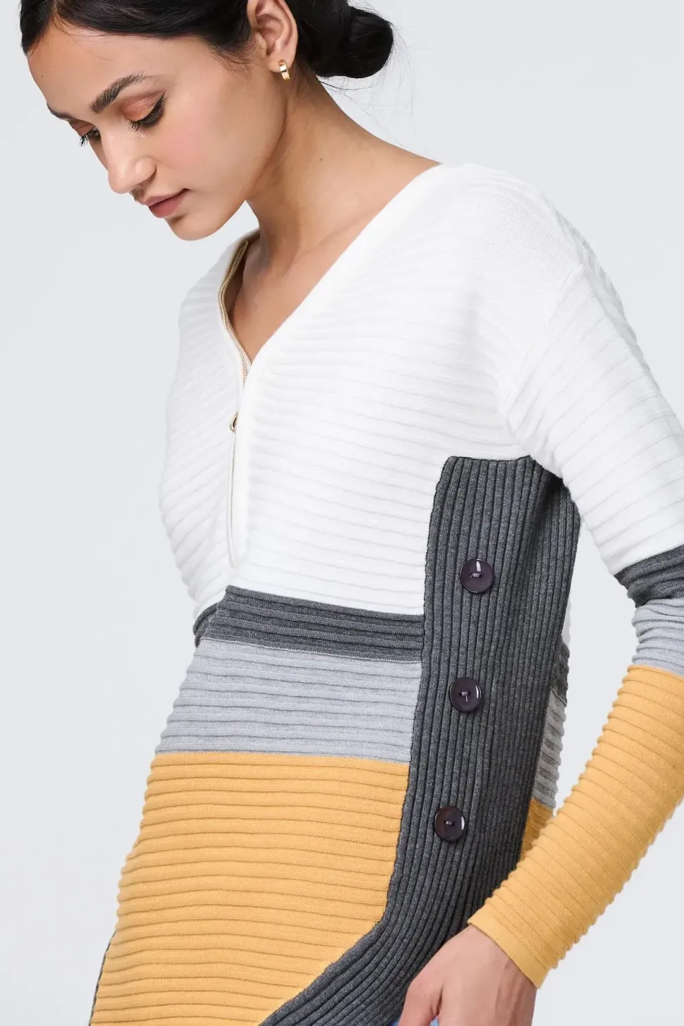 Colour Block Zip Detail V-Neck Jumper