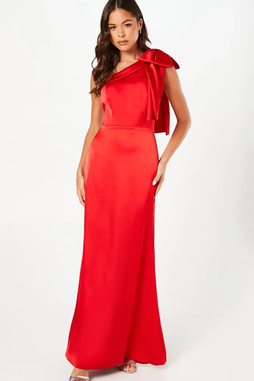Contrast Bow Satin One Shoulder Maxi Dress