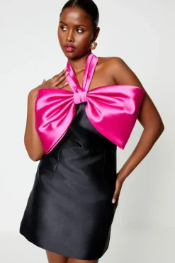 Contrast Bow Twill Mini Dress