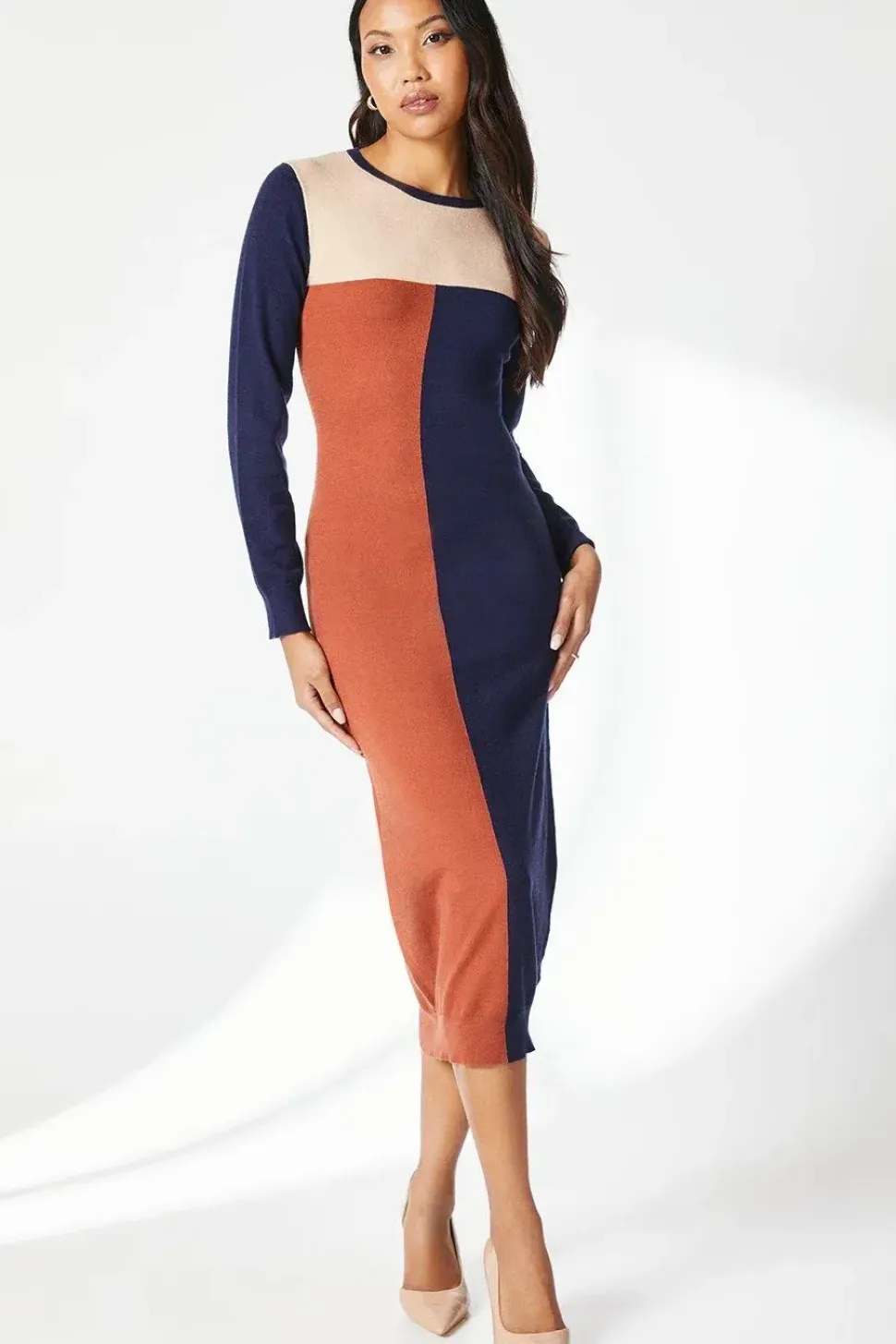 Contrast Colourblock Knitted Midi Dress