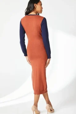 Contrast Colourblock Knitted Midi Dress