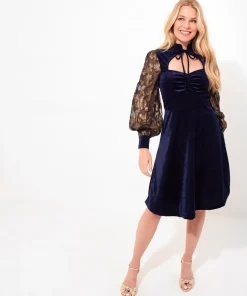 Contrast Embroidered Sleeve Velour Dress