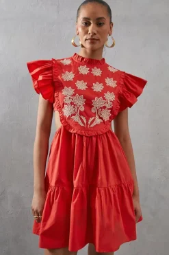 Contrast Embroidery Floral Mini Tunic Dress